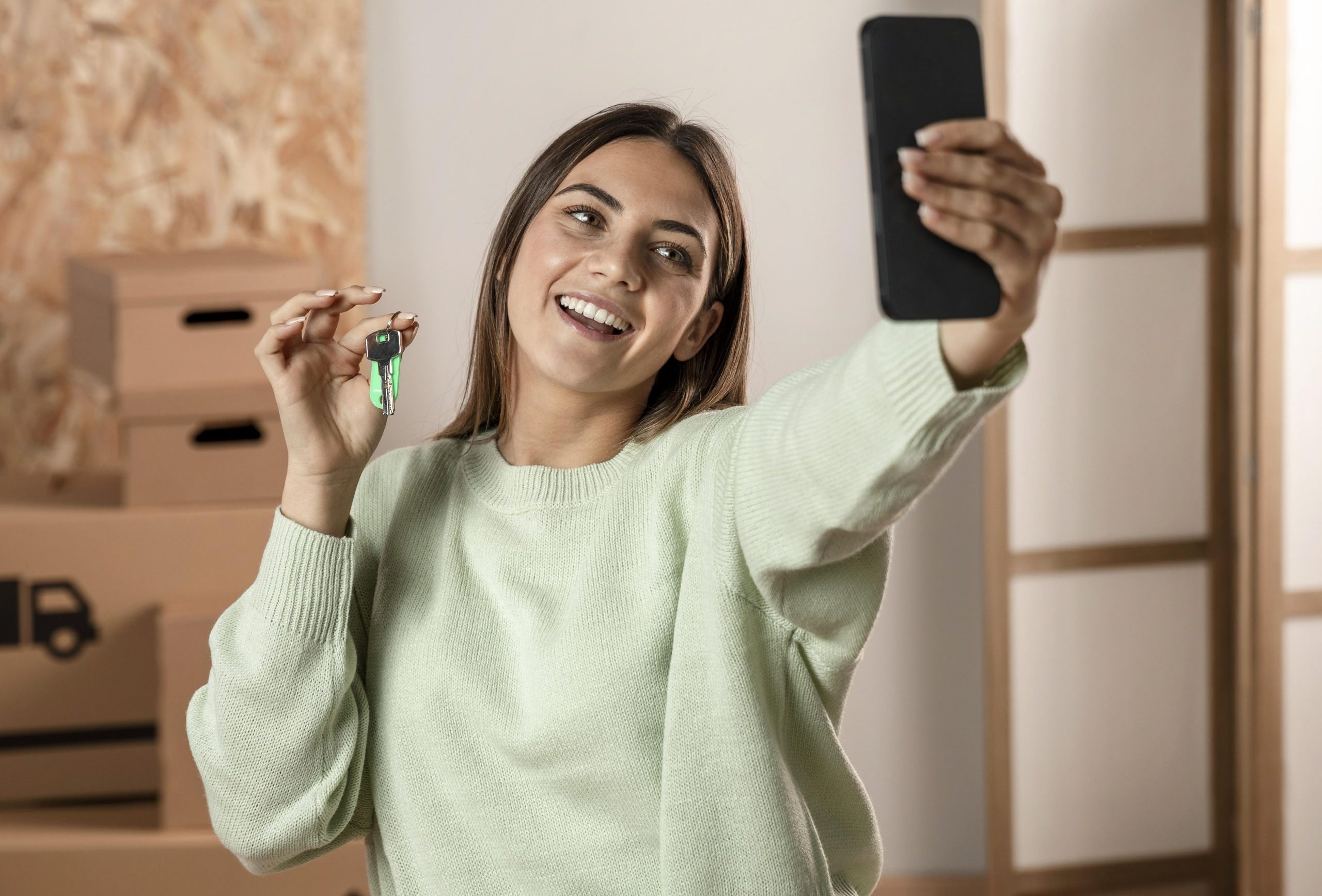 Mujer haciendo selfie mostrando llaves de su nueva casa